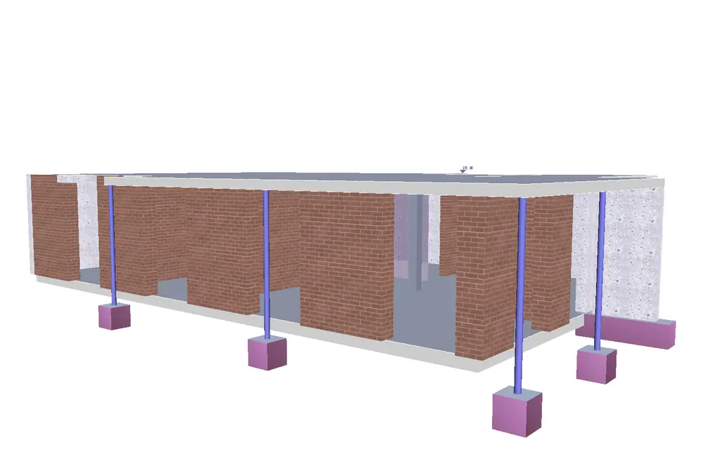 3D-Modell eines Gebäudes mit Mauerwerkswänden, Stützen und Einzelfundamenten
